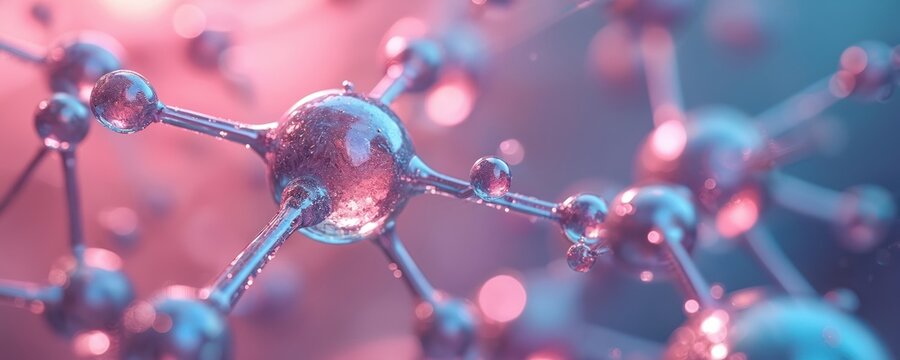 Detailed illustration of molecular structure with pinkish glow. Complex network represents scientific research, technological advancement. Intricate geometric design highlights connections within