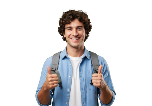 Young man with curly hair wearing a blue shirt and backpack gives a thumbs up gesture isolated on transparent background