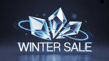 A promotional graphic for a winter sale, featuring stylized ice crystals and snowflakes against a dark background, creating a festive and modern design
