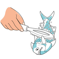 Hand holding a fish scale cleaning tool to remove fish scales vector illustration © Fatikhun