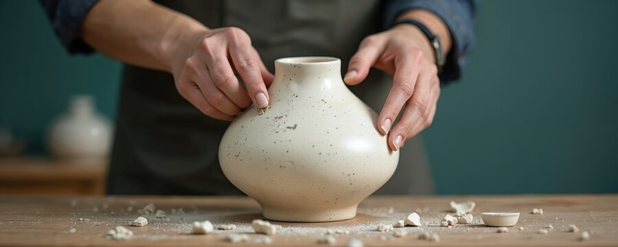 Artisan meticulously repairs shattered ceramic vase with focused precision. Skilled hands apply adhesive to restore broken pieces meticulous craftsmanship, restoration expertise. Detailed work