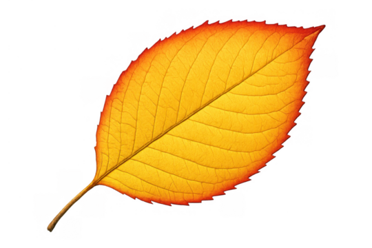 Autumn leaf changing color from yellow to orange with visible veins, isolated on a transparent background