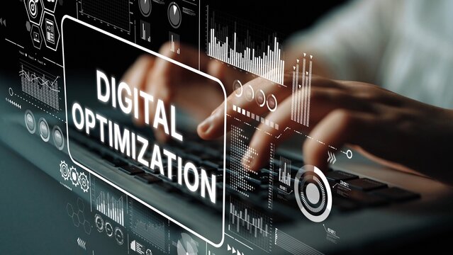 Hands Typing on a Keyboard with Digital Optimization Concept and Data Charts for Business Growth and Analysis. Asymptotic smart data analytic.