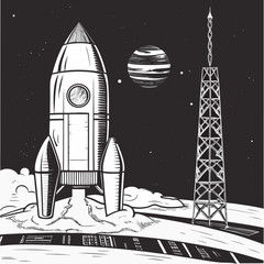 Bold retro rocket ship launching to outer space, vintage science fiction illustration, adventure awaits