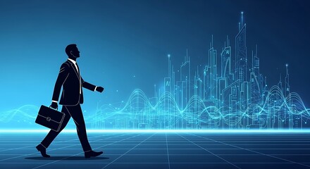 Successful businessman walking towards futuristic digital city skyline growth chart background