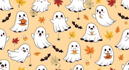 Fototapeta premium Adorable Ghost Pattern: Cute Cartoon Ghosts with Autumn Leaves Bats and Halloween Candy Seamless Vector Background