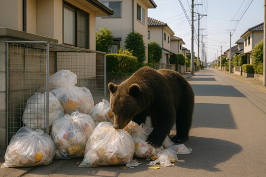 Wildlife Hazard in Urban Residential Area with a Bear Foraging at a Garbage Station