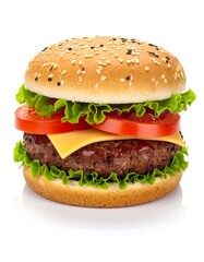 Delicious burger with sesame bun, cheese, tomato, and lettuce (1)