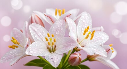 Elegant White Lilies with Water Droplets Floral Beauty Delicate Petals Golden Stamens Freshness Close Up Detail Floral Arrangement