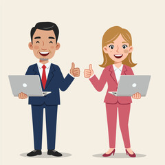 Two smiling business people with laptops giving thumbs up. Team success and approval.