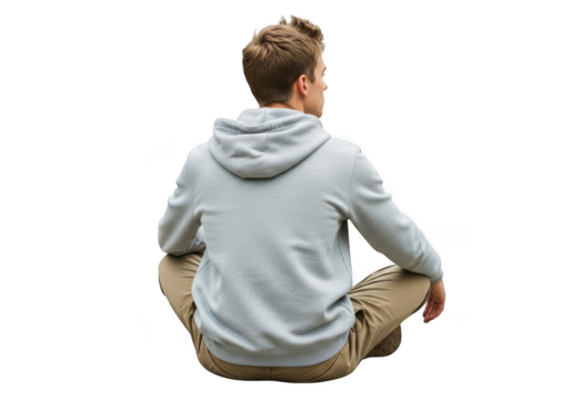 Young man with short brown hair wearing a light blue hooded sweatshirt and tan pants sitting cross legged isolated on transparent background - Powered by Adobe