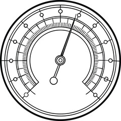Analog circular gauge meter outline illustration with needle, measurement and engineering precision design art