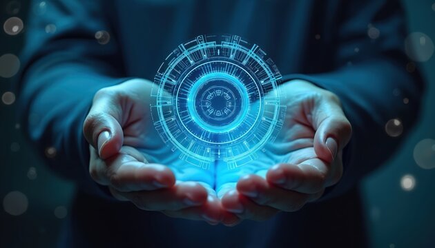 Hands hold glowing blue digital interface. Futuristic concept of network connection innovation and virtual data flow. Modern tech generation future.