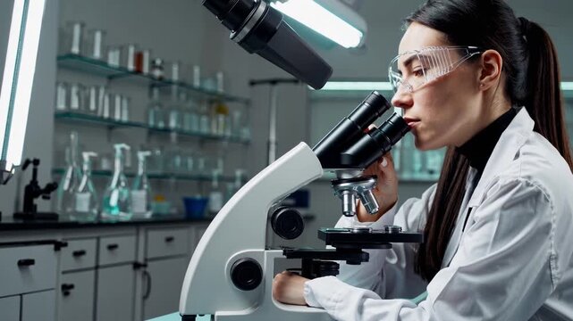 technologist peering through microscope with safety glasses, focused observation of biological slide, glassware and reagent bottles aligned on benches, quiet analytical atmosphere and precise