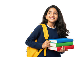Young indian girl with a bright yellow backpack happily holding a stack of colorful books isolated on transparent background