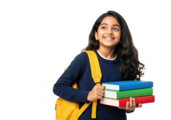 Young indian girl with a bright yellow backpack happily holding a stack of colorful books isolated on transparent background