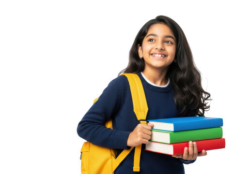 Young indian girl with a bright yellow backpack happily holding a stack of colorful books isolated on transparent background - Powered by Adobe