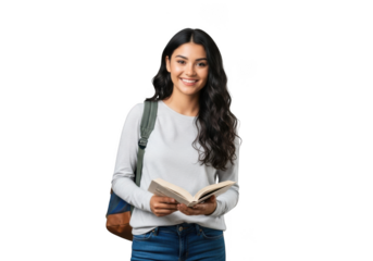 Smiling young woman with long dark hair wearing a white sweater and jeans holding an open book isolated on transparent background