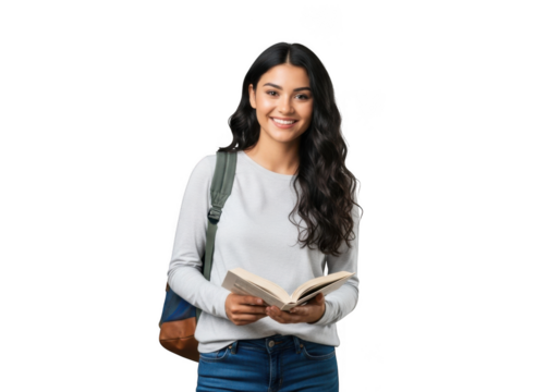 Smiling young woman with long dark hair wearing a white sweater and jeans holding an open book isolated on transparent background