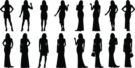Sixteen elegant woman silhouettes set, various cocktail dress and evening gown poses, formal party fashion figures, essential resource for glamour, event, and luxury themes, isolated black vector.