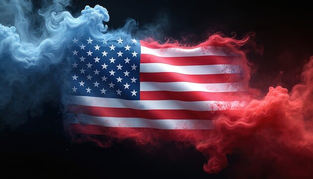 Waving USA flag with red and blue smoke swirls. Stars and stripes appear distressed with vibrant colors on dark background. Symbolizes patriotism, freedom, national pride, and artistic expression.