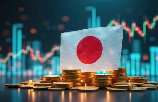 Japan flag stands with gold coin stacks and glowing candles. Blurred stock market charts rise and fall in background showing economy trend. Concept for financial growth.