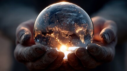 A close-up shot shows a pair of weathered hands cradling a clear crystal ball that contains a miniature representation of the Earth illuminated by city lights.