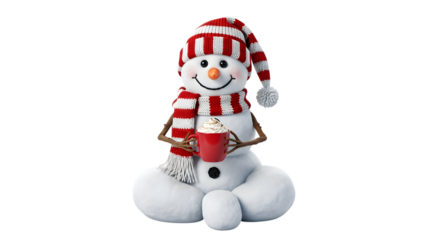 Cute snowman with red scarf and hat isolated on transparent background