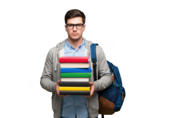 Young man wearing glasses and backpack holding stack of colorful books isolated on transparent background