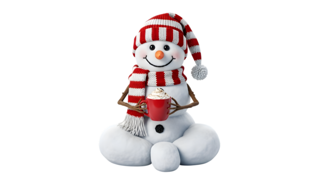 Cute snowman with red scarf and hat isolated on transparent background