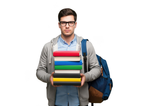 Young man wearing glasses and backpack holding stack of colorful books isolated on transparent background
