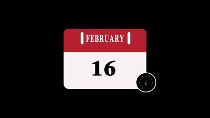 16 February date Calendar Page with Clock countdown animation on black Background. Digital calendar month and date concept design.