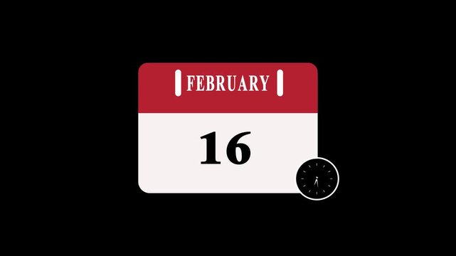 16 February date Calendar Page with Clock countdown animation on black Background. Digital calendar month and date concept design. - Powered by Adobe