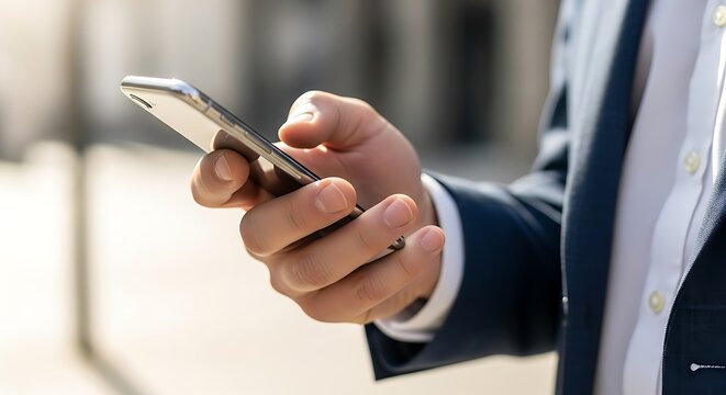 Man in suit holding a smartphone in his hand while standing outside