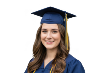 Smiling young woman wearing a dark blue graduation cap and gown with a tassel celebrating academic achievement isolated on transparent background