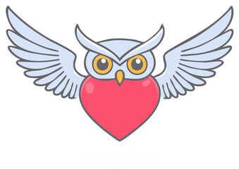 Charming Flat Design Owl with Wide Open Wings and a Big Red Heart for its Body