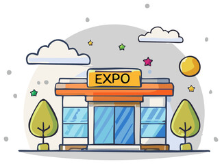 Cartoon Expo Building Facade with Trees and Clouds Illustration for Trade Show Fair Exhibit