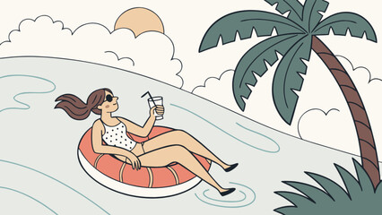 Woman relaxing on inflatable ring with drink in summer vacation at tropical beach scene illustration