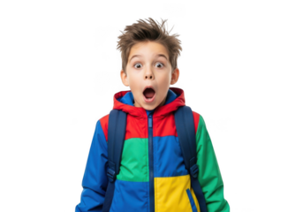 Young boy with wide eyes and open mouth expressing surprise and shock wearing a colorful jacket and backpack isolated on transparent background