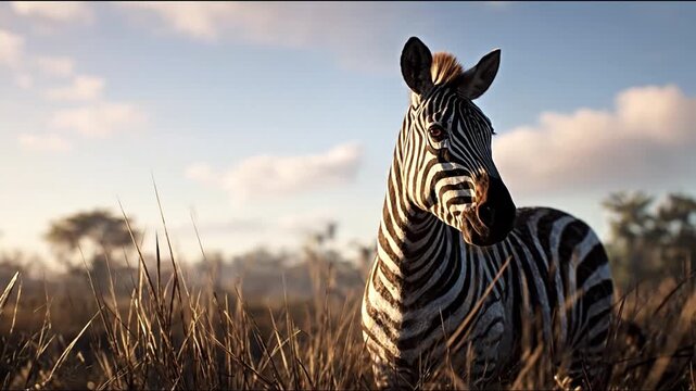 Zebra stands in tall grass under blue sky with sunlight