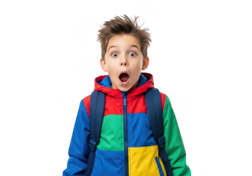 Young boy with wide eyes and open mouth expressing surprise and shock wearing a colorful jacket and backpack isolated on transparent background