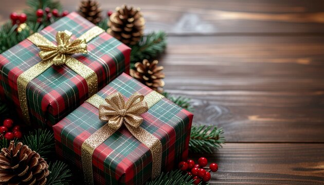 伝統的なクリスマスカラー：赤と緑のチェック柄リボン付きギフトとシックな木目調 - Powered by Adobe