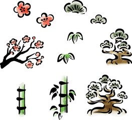 Shochikubai (Pine, Bamboo, Plum) Illustration Set - Sumi-e Hand-Drawn Lucky Charm Material