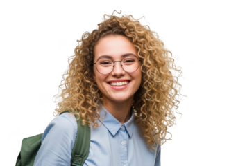 A cheerful young woman with curly blonde hair and glasses smiles broadly wearing a light blue collared shirt and a backpack isolated on transparent background