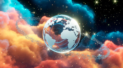  A dynamic fantasy landscape featuring a glass model of planet Earth surrounded by sparkling snowflakes, colorful clouds, and stars. Magical Christmas illustration