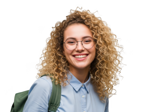 A cheerful young woman with curly blonde hair and glasses smiles broadly wearing a light blue collared shirt and a backpack isolated on transparent background