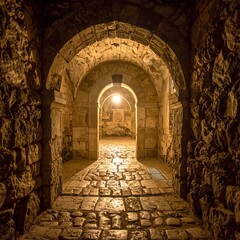 Illuminated stone passage with arched ceiling. Cobblestone path leads into the dimly lit, deep interior. Rough walls and soft lighting