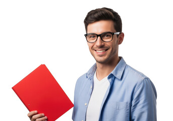 Smiling young man wearing glasses and a blue shirt holding a red folder isolated on transparent background