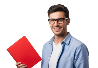 Smiling young man wearing glasses and a blue shirt holding a red folder isolated on transparent background