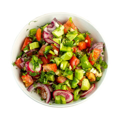 Vibrant fresh chopped salad featuring tomatoes avocado red onion and green bell pepper in a white bowl